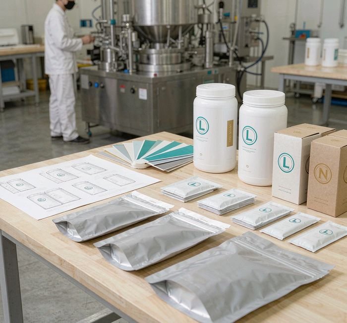 Packaging workbench with stand-up pouches, sachets and canisters for OEM design