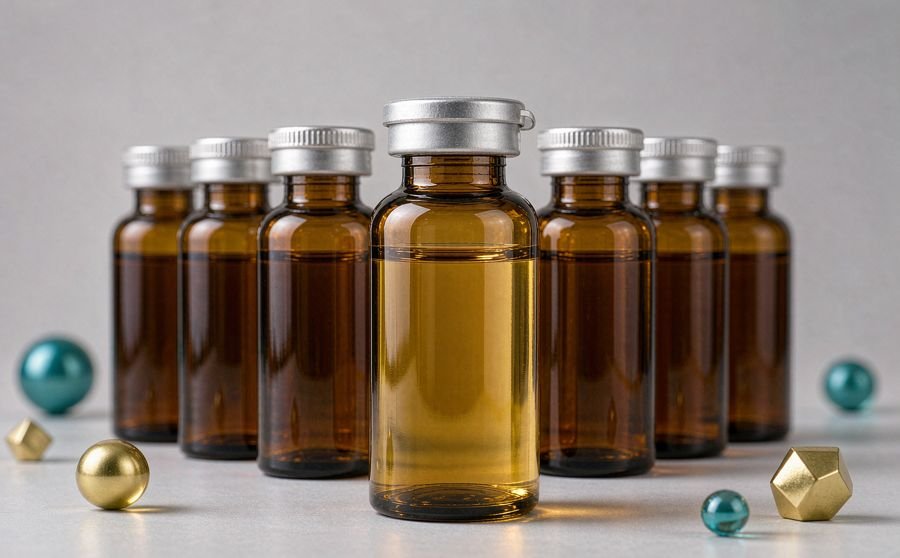 Liquid line — amber glass oral liquid bottles filled with vitamin and collagen drinks