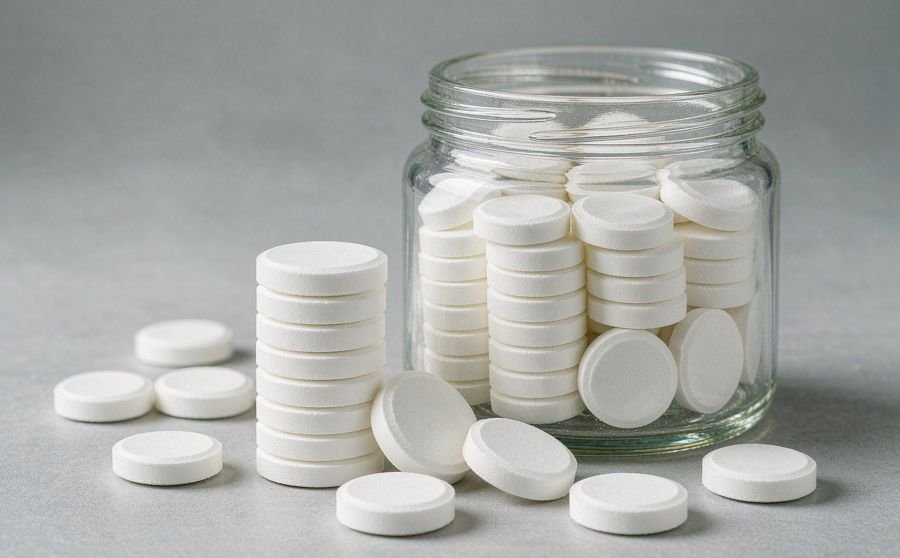 Tablet line — white compressed tablets and a glass jar for private label tablet production